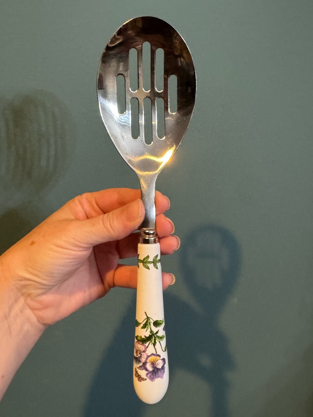 Botanic Garden Slotted Spoon 10 Inch Pansy Motif Porcelain Handle Stainless